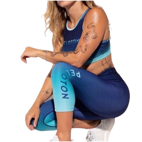 Peloton X With Bowie Stripe Blue Fade Spellout Crop High Waist Leggings Medium - Picture 1 of 5